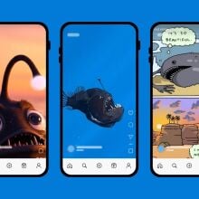 Three phone screens on a blue background, each depicting a viral TikTok of the anglerfish. 