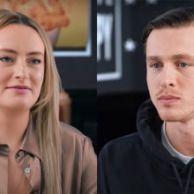Two side-by-side images show a woman and a man facing each other in a takeaway chicken shop.