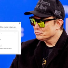 A man in sunglasses and a baseball cap sits on stage. Next to him on the image is a post from X.