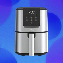 A Bella air purifier in silver and black appears on a blue bubbly background,