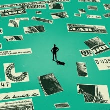 illustration of a shadow of a person standing among bits of money