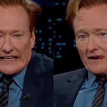 Two side-by-side images of the same man show him making faces at the camera on a talk show.