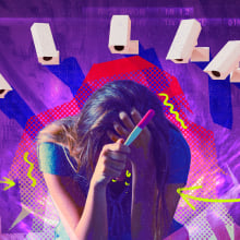 Woman upset holding pregnancy test being watched by multiple security cameras