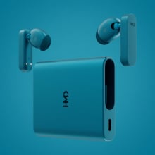 HMD's Amped Buds on a blue background.