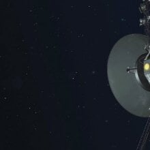 A conception of a Voyager craft flying through deep space.