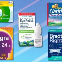 several allergy medicines on a blue background including puffs tissues, allegra pills, bausch and lomb eye drops, and breathe right strips
