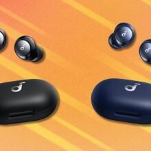 the anker space a40 earbuds in both black and blue on an orange background