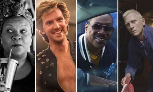 Composite of promotional images from "The Forty-Year-Old Version," "Eurovision Song Contest," "Beverly Hills Cop: Axel F," and "Logan Lucky."