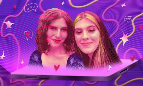 Anna Iovine and Kat Tenbarge, two white women with brown hair, are seen emerging from a shining phone screen