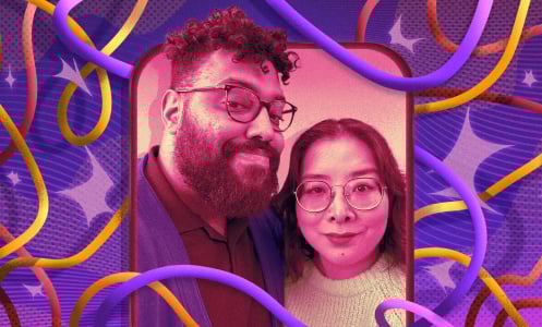 two people within an iphone screen surrounded by colorful cords