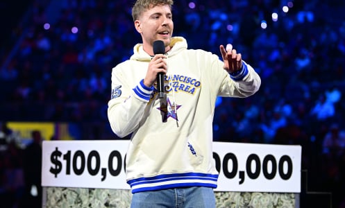 MrBeast speaks during the 74th NBA All-Star Game as part of NBA All-Star Weekend on Sunday, February 16, 2025 at Chase Center in San Francisco, California. NOTE TO USER: User expressly acknowledges and agrees that, by downloading and/or using this Photograph, user is consenting to the terms and conditions of the Getty Images License Agreement. Mandatory Copyright Notice: Copyright 2025 NBAE