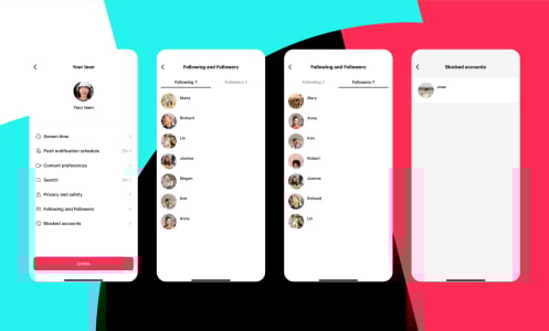 Four iPhone screenshots showing new TikTok Family Parenting settings on a colorful background.