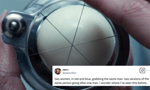 A top down view of an egg being cut into six segments.