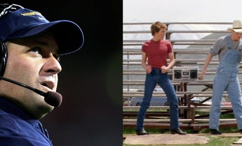 two photos, one of wvu coach rich rodriguez the other of the movie 'footloose,' where actors are dancing