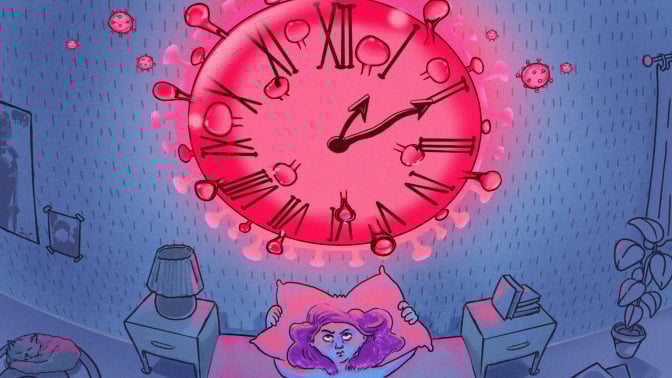 A woman lays in bed staring at a clock that looks like the COVID virus. 