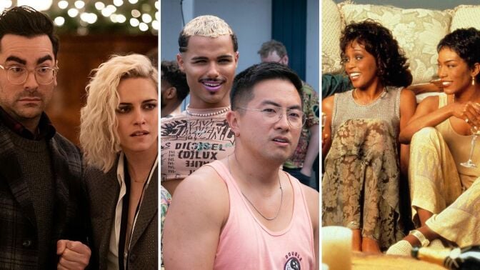 A man and woman look into the distance quizzically in "Happiest Season"; a man grimaces while another smiles behind him in "Fire Island"; two women look to the left in "Waiting to Exhale"