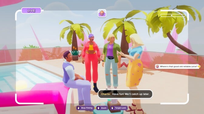 Four cast members in 'The Crush House' by the pool.