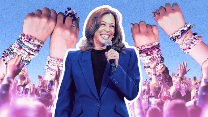 Vice President Kamala Harris surrounded by friendship bracelets. 
