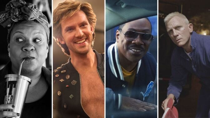 Composite of promotional images from "The Forty-Year-Old Version," "Eurovision Song Contest," "Beverly Hills Cop: Axel F," and "Logan Lucky."
