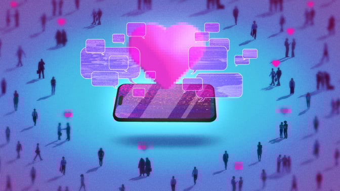 Phone with speech bubbles and heart floating out of it, surrounded by silhouettes of couples and singles