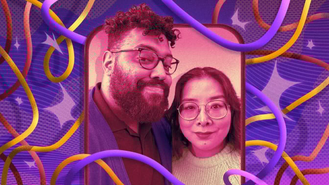 two people within an iphone screen surrounded by colorful cords