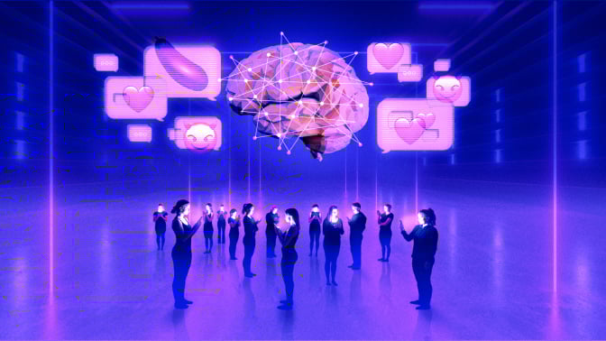 A futuristic digital illustration of people absorbed in their smartphones, with a glowing brain floating above, connected to emoji-filled speech bubbles, symbolizing AI influence on social interactions.