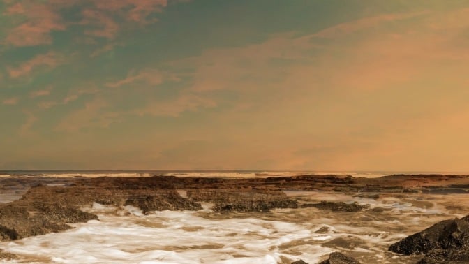 An artist's imagining of a horizon view of an ancient ocean on Mars
