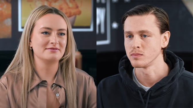 Two side-by-side images show a woman and a man facing each other in a takeaway chicken shop.