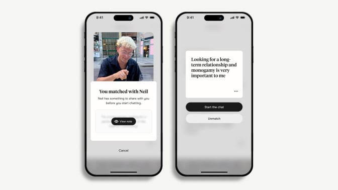 screenshots on Hinge app showing Match Note feature