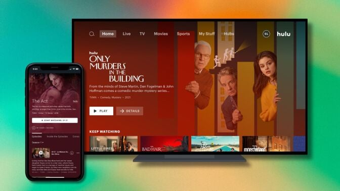 a tv with the hulu home screen on the right and a phone on the left with the details of a hulu show called the act against a green and orange gradient background