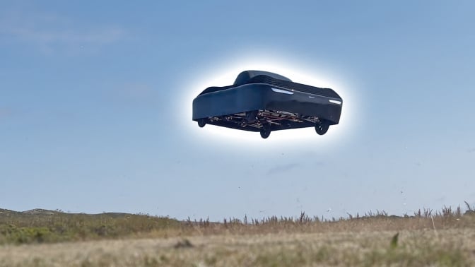 A photograph shows Alef Aeronautics' flying car hovering above a field