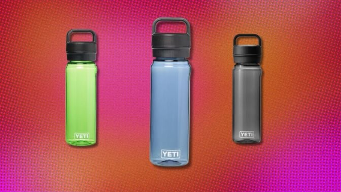 three Yeti wonder water bottles on a pink and orange background that's pixelated