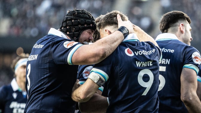 Scotland's Ben White celebrates scoring his side's first try