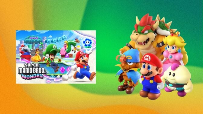 The image shows Mario characters as well as the key art for a Mario game.