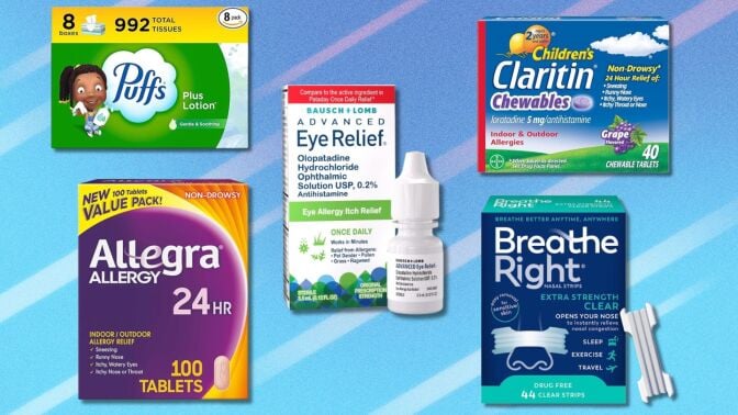 several allergy medicines on a blue background including puffs tissues, allegra pills, bausch and lomb eye drops, and breathe right strips
