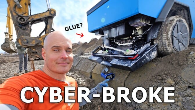 youtube thumbnail image of youtuber JerryRigEverything in front of cybertruck