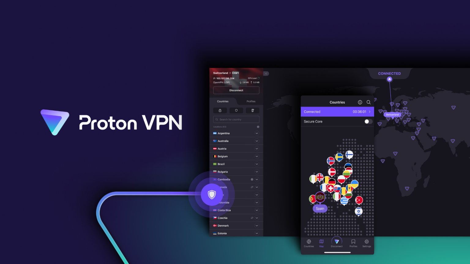 the proton vpn logo next to mock-ups of its desktop and mobile apps