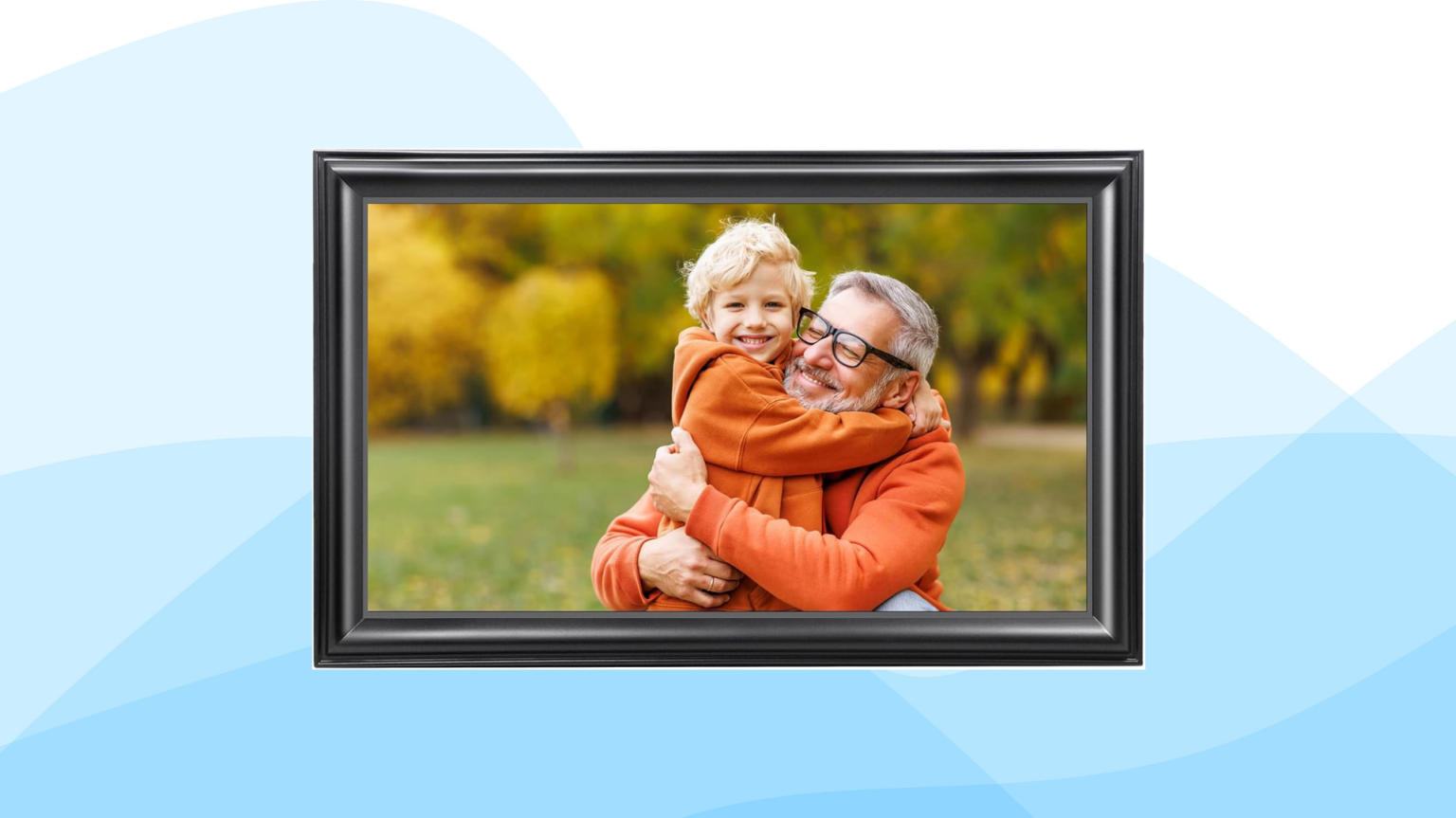 A black Canupdog digital photo frame is displayed against a white and blue background.