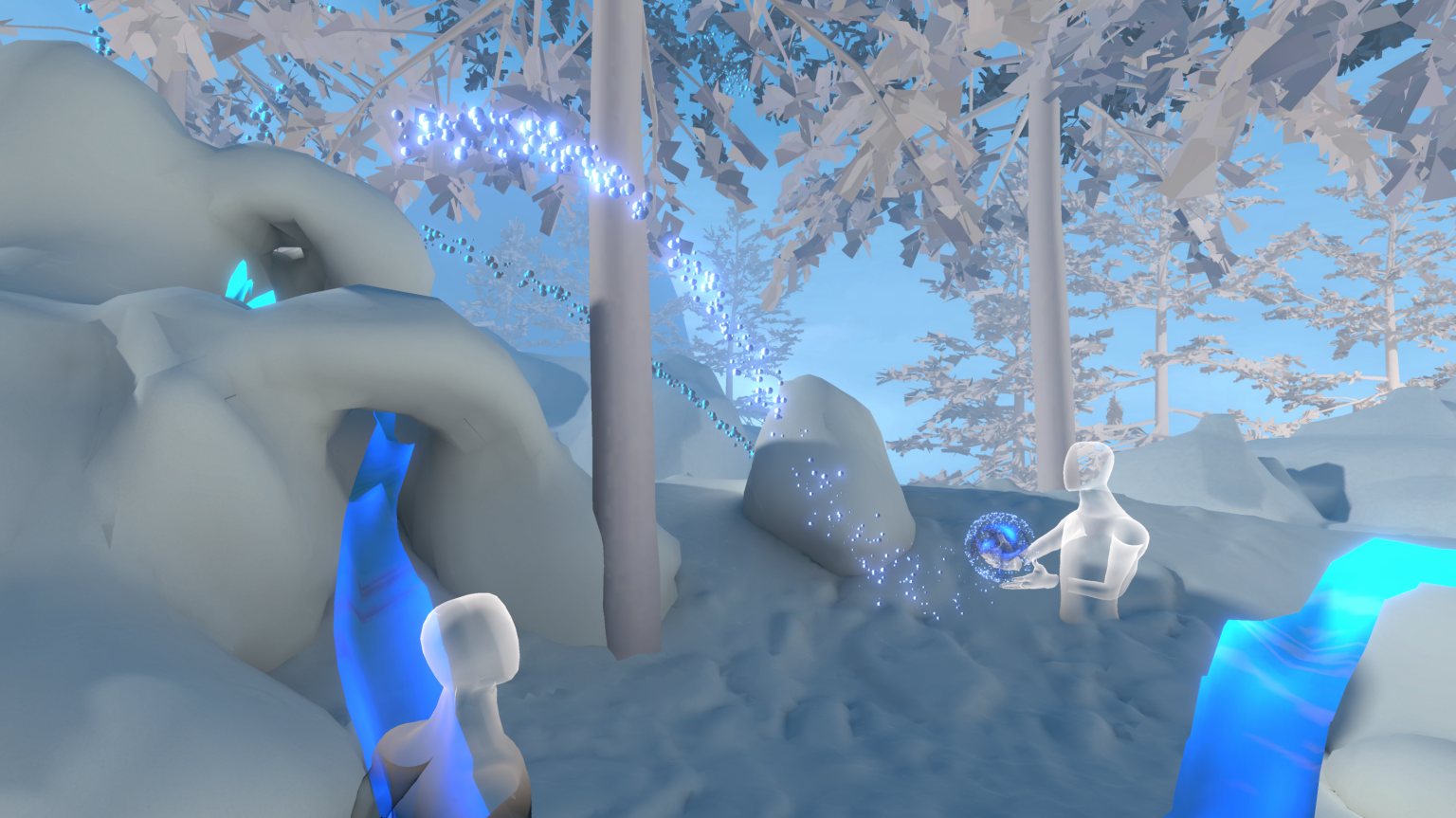 VR avatars surronded by a 3D forest of grey trees and a blue, stream flowing through the forest.