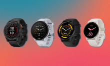 Garmin smartwatches with blue and pink gradient background