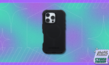 A black OtterBox Defender Series MagSafe phone case against a teal and purple background with a graphic that says "Black Friday Cyber Monday."