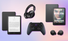 Kindle Paperwhite, Bose QuietComfort Ultra, Amazon Luna controller, Echo Buds, and Kindle Colorsoft with pink and purple background