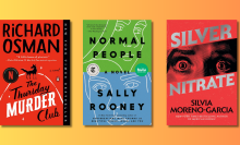 A colorful background with three book covers on it.
