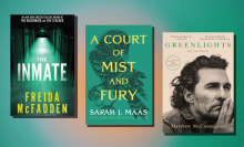 "The Inmate," "A Court of Mist and Fury," and "Greenlights" books arranged on green and orange backdrop