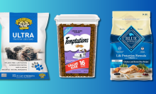 A blue background showing a bag of litter, box of treats, and a bag of food.