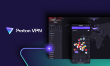 the proton vpn logo next to mock-ups of its desktop and mobile apps