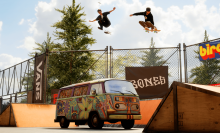 Two skateboarders perform tricks over a colorful van in a skate park with branded banners and ramps.