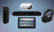 Sonos Roam 2, Apple AirTags 4-pack, Fire 7 tablet, Sonos Ray, and JBL Live 770NC headphones with blue gradient background