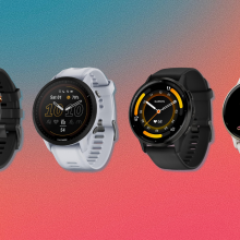 Garmin smartwatches with blue and pink gradient background
