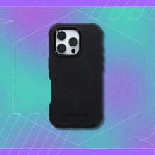 A black OtterBox Defender Series MagSafe phone case against a teal and purple background with a graphic that says "Black Friday Cyber Monday."